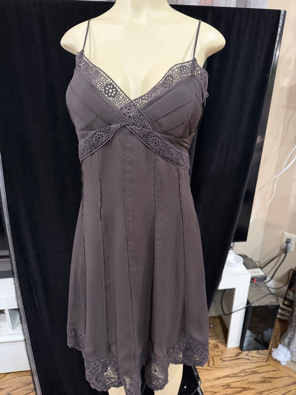 ANTONIO MELANI Charcoal Lace-Trim Midi Slip Dress
